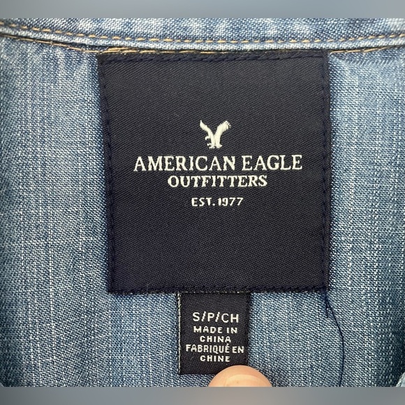 American Eagle Fit Flare Blue Chambray Denim Dress Long Sleeve Button Up Size S - Picture 6 of 10